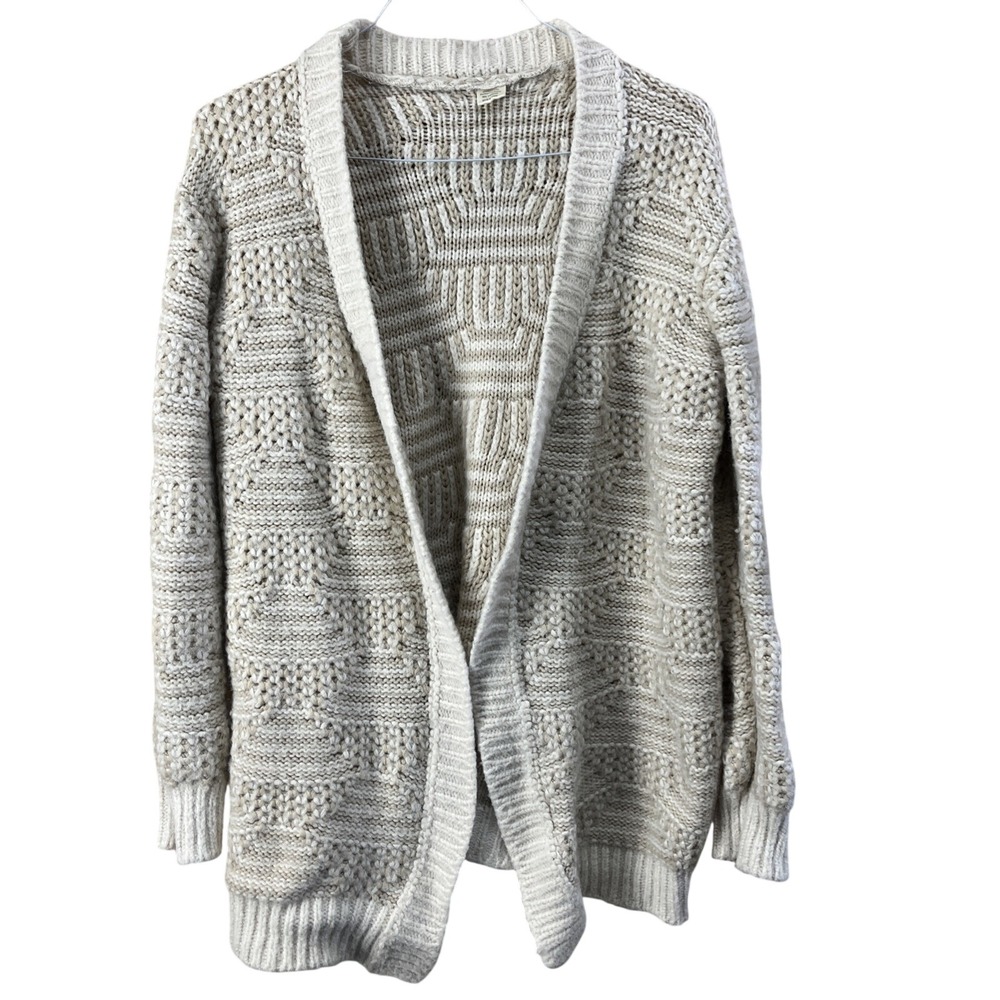 Cardigan Women L Cream Beige Chunky Knit Open Front Geometric Textured Shawl